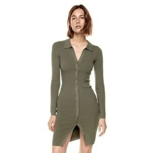 WIlfred Aritzia cardigan button front sweater dress Sz XS khaki green mushroom